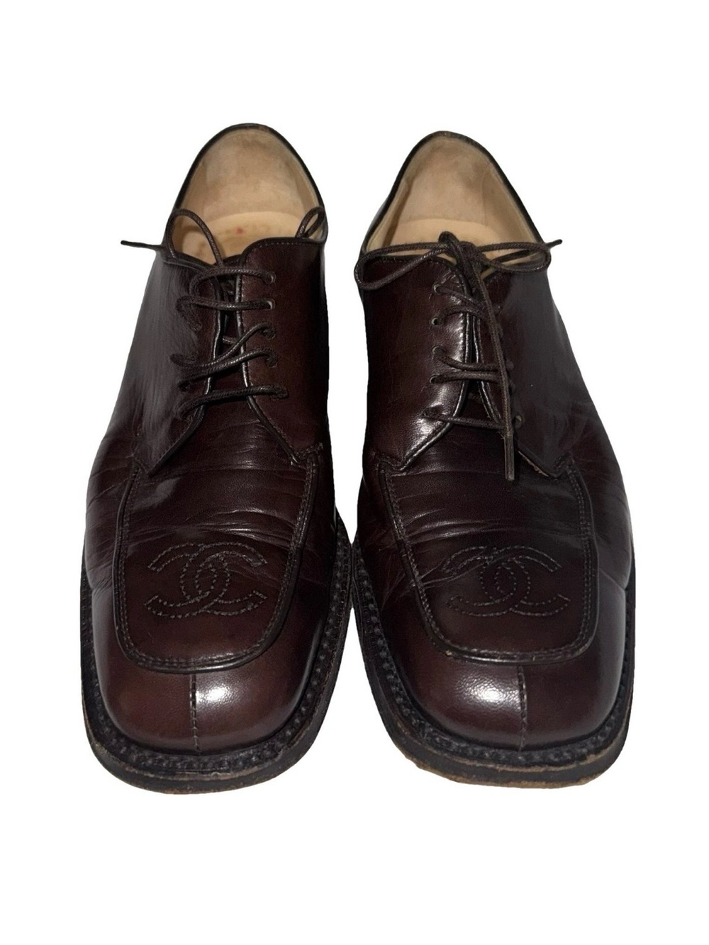 Chanel AUTHENTIC Vintage CC Logo Lace Up Brown Oxfords Loafers sz 36.5